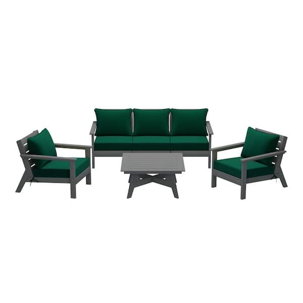 WESTIN OUTDOOR Birchwood Gray Arrangeable 6-Piece Outdoor Patio HDPE Deep Seating Conversation Sofa Set w/ Green Cushions