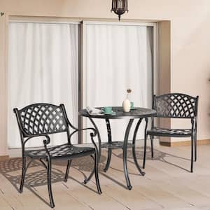 3-Piece Cast Aluminum Outdoor Patio Bistro Set Dining Chair and Round Table Set with Umbrella Hole in Black