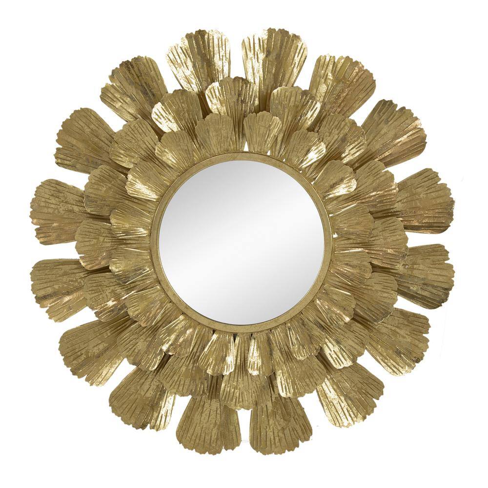 37 in. W x 37 in. H Round Metal Framed Gold Mirror with Trumpet Vine Motif 