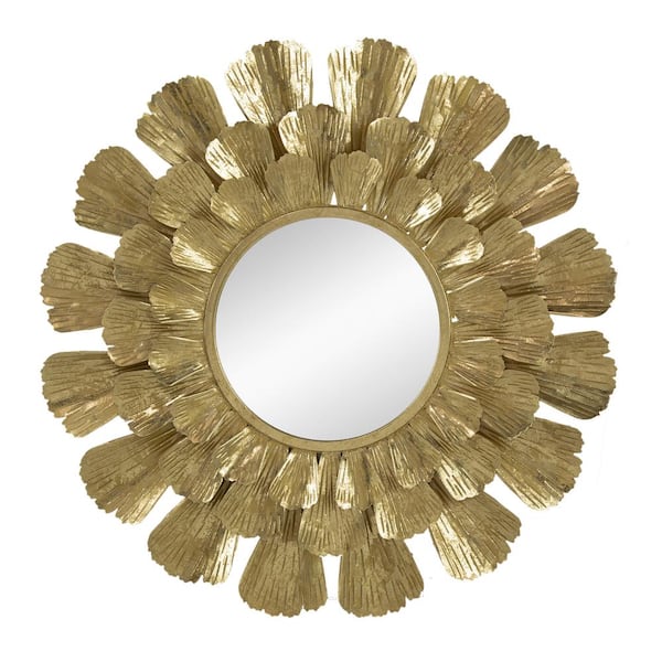 Unbranded 37 in. W x 37 in. H Round Metal Framed Gold Mirror with Trumpet Vine Motif for Living Room, Bedroom, Console Table