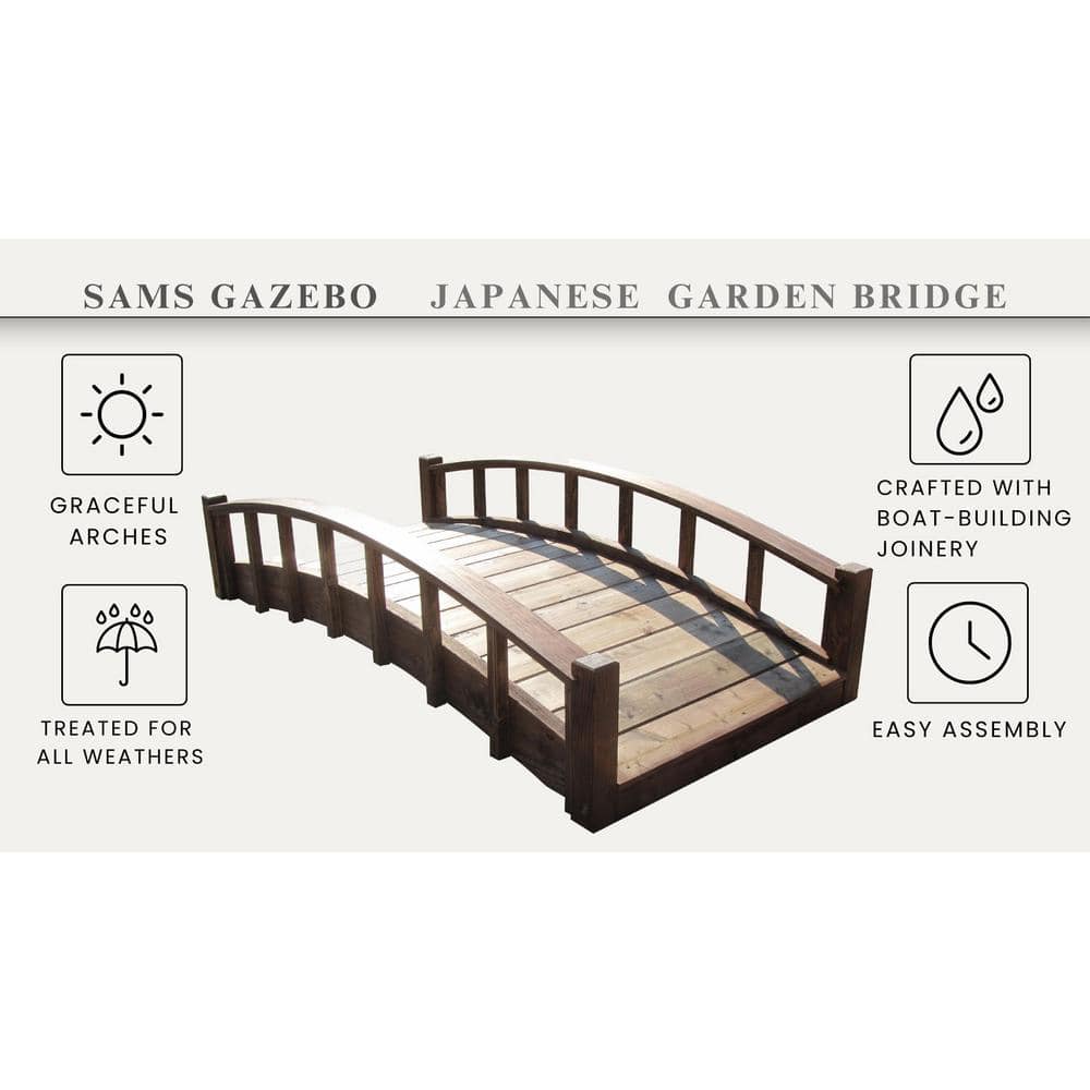 6-Foot Brown Arched Wooden Japanese Garden Bridge