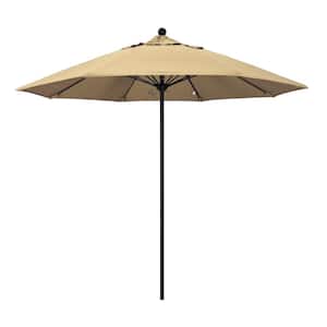 9 ft. Stone Black Aluminum Market Patio Umbrella with Manual Lift and Fiberglass Ribs in Beige Pacifica