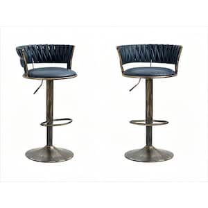 38 in. Dark Blue Low Back Anti-Bronze Metal Frame Swivel Adjustable Height Cushioned Bar Stool with PU Seat (Set of 2)