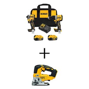 20V MAX XR Hammer Drill and ATOMIC Impact Driver 2 Tool Cordless Combo Kit and Jigsaw w/(2 4Ah Batteries Charger and Bag
