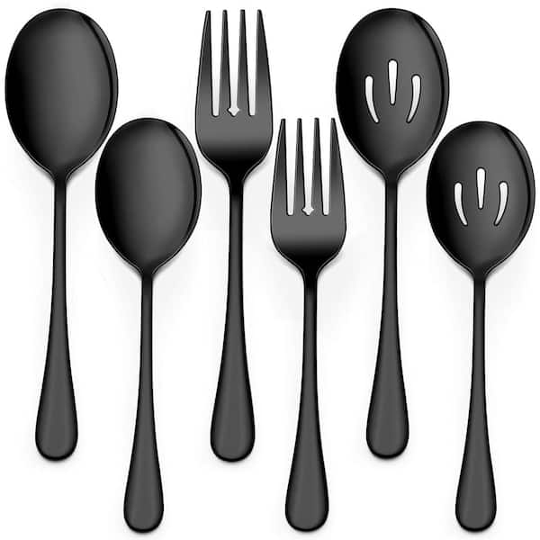 Six-Piece Black Stainless Steel Serving Spoon and Fork Set for Buffet and 8 3/4 in., Dishwasher Safe