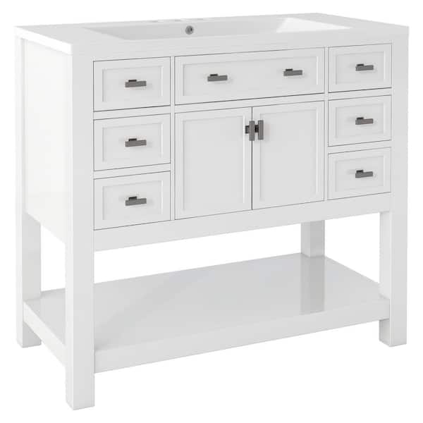 Zeus & Ruta 35.2 in. W x 17.7 in. D x 34.1 in. H Freestanding Bath Vanity in White with White Ceramic Top
