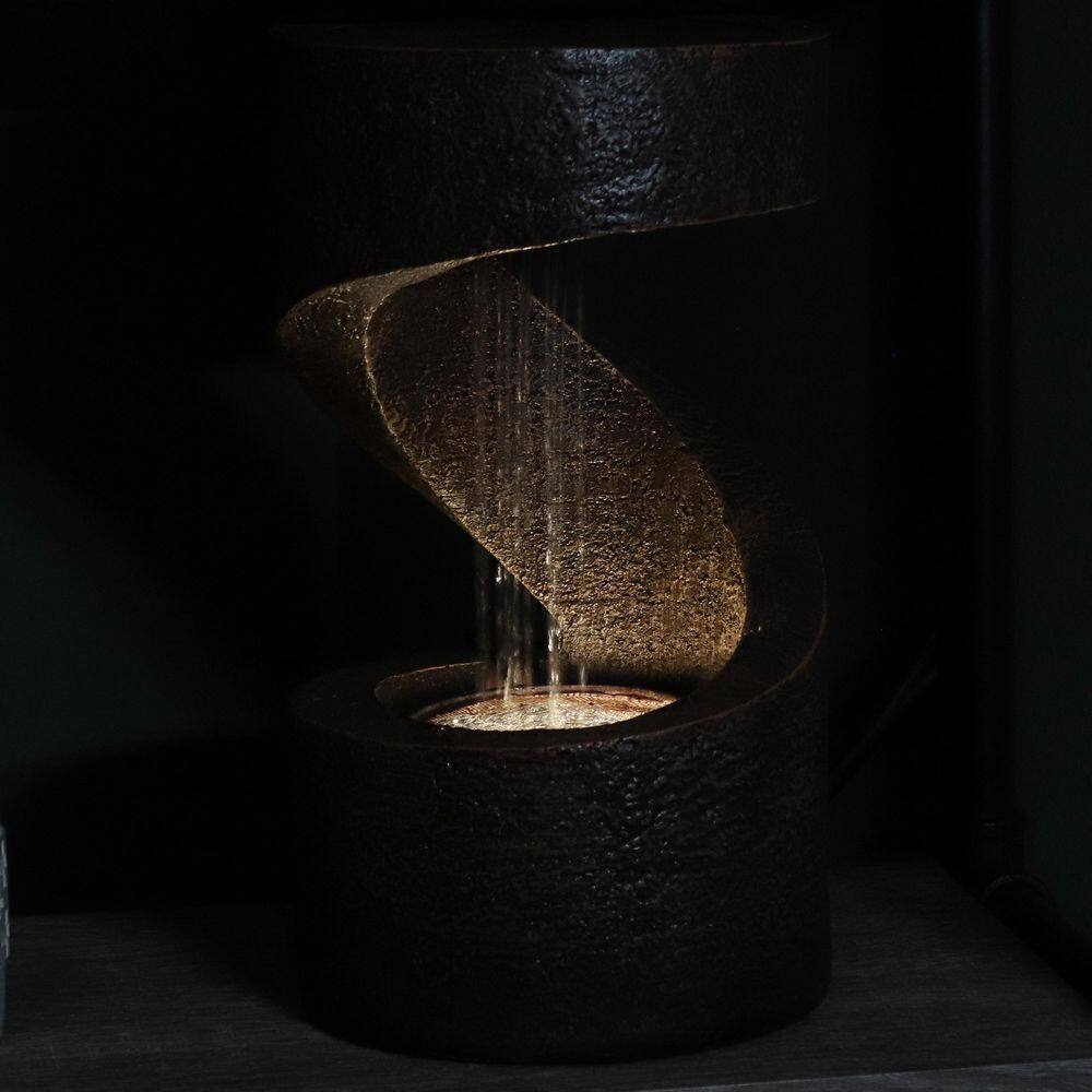 Brown Polyresin Spiral Tabletop Water Fountain with LED Light