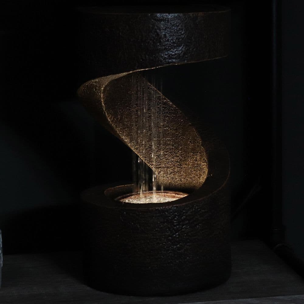 Brown Polyresin Spiral Tabletop Water Fountain with LED Light