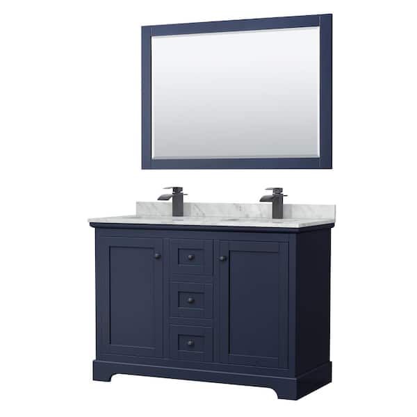Wyndham Collection Avery 48 in. W x 22 in. D x 35 in. H Double Bath Vanity in Dark Blue with White Carrara Marble Top & 46" Mirror