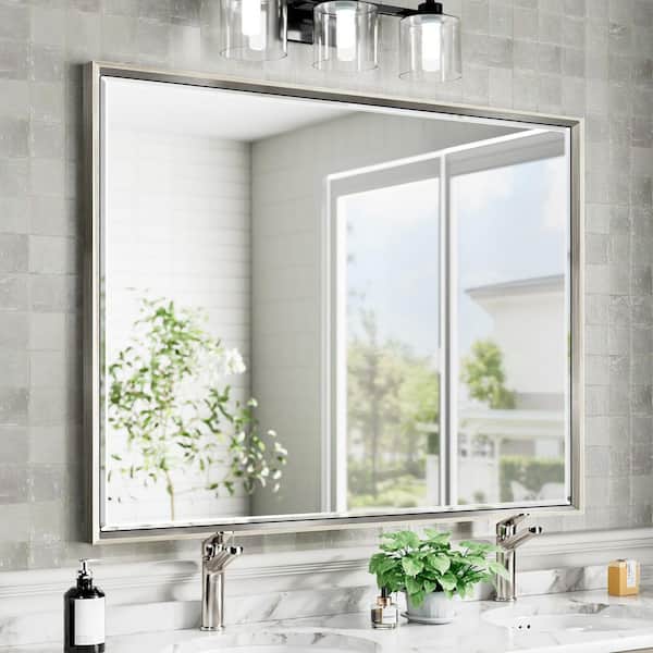 OnaBella 40 in. W x 30in. H Rectangular Aluminum Thin Framed Wall Mount Beveled Bathroom Vanity Mirror in Brushed Nickel