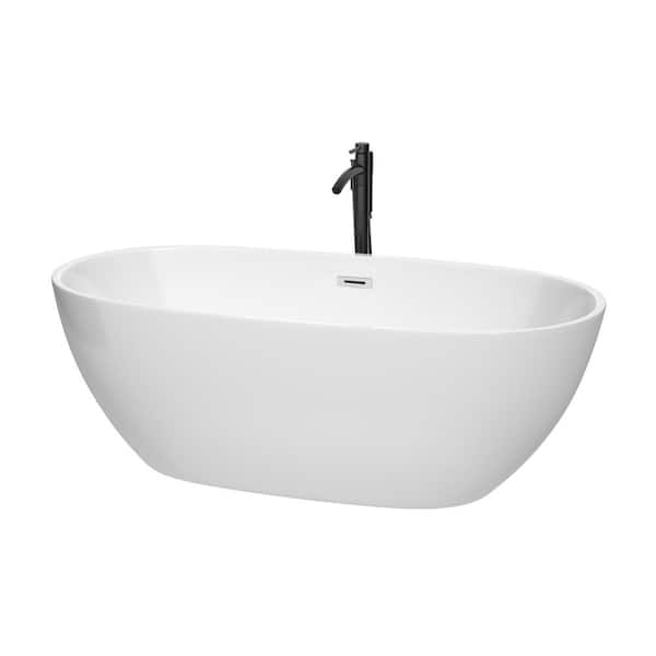 Wyndham Collection Juno 67 in. Acrylic Flatbottom Bathtub in White with Polished Chrome Trim and Matte Black Faucet