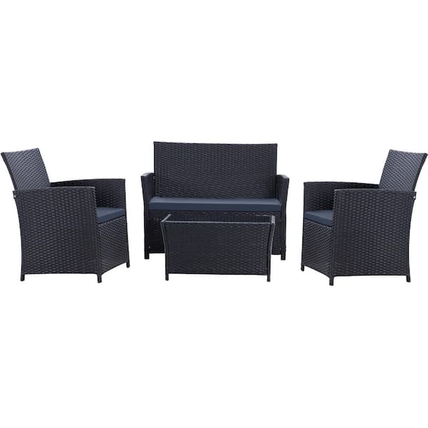 JUSKYS 4-Piece Black Wicker Patio Conversation Seating Set with Dark-Blue Cushions and Coffee Table for Porch,Yard,Apt
