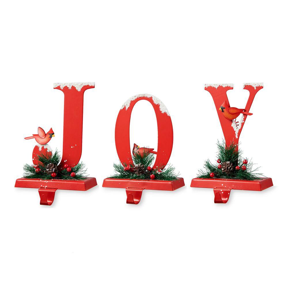 Red Metal JOY Christmas Stocking Holders with Cardinals