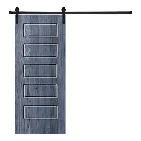 AIOPOP HOME 5-Panel Riverside Designed 96 in. x 32 in. Wood Panel Icy Gray Painted Sliding Barn Door with Hardware Kit