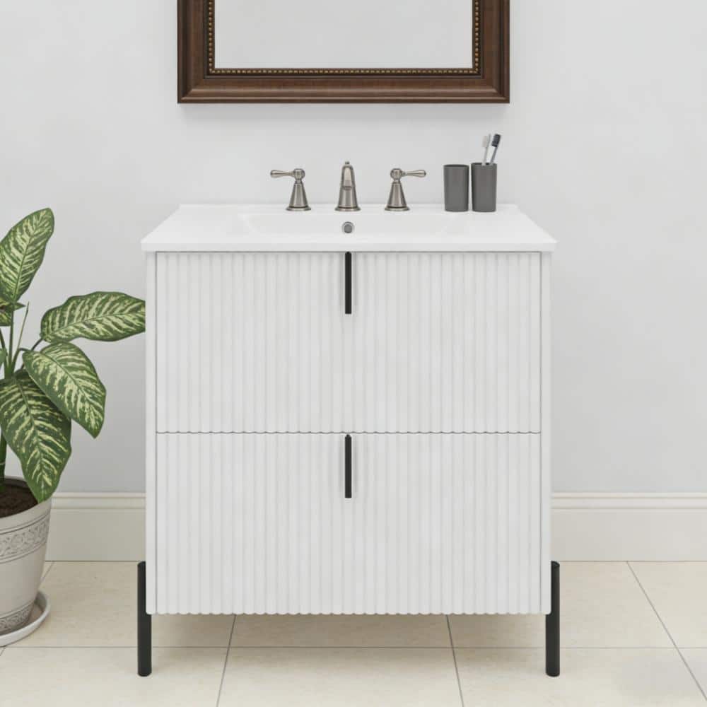 "30"" Freestanding Bathroom Vanity with Ceramic Sink, Vertical Pulls, Full-Extension Drawers, Fluted Design, White" price history on PriceWatchPro