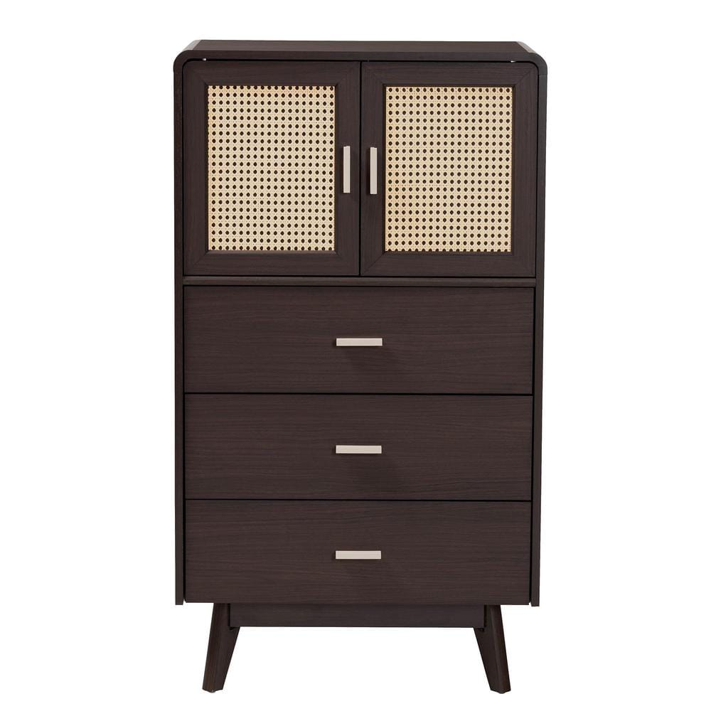 Giancarlo Espresso Brown 3-Drawer Wood Storage Chest with Rattan Doors