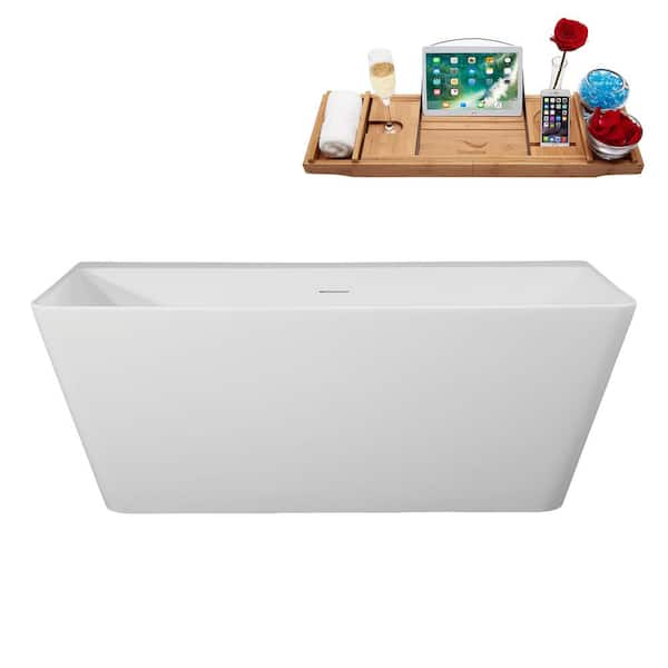 59 in. x 30 in. Acrylic Freestanding Soaking Bathtub in Glossy White With Brushed Nickel Drain, Bamboo Tray