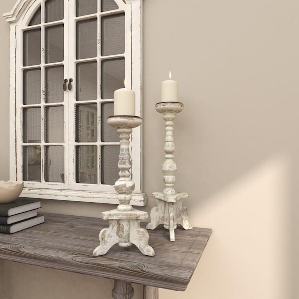 Litton Lane White Wood Tall Candle Holder with Distressed Accents (Set of 2)