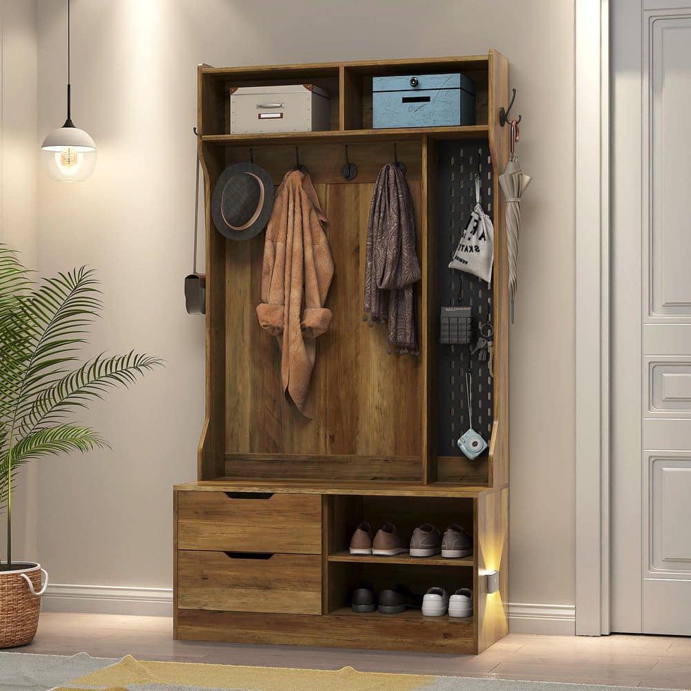 38.18 in. W x 16.53 in. D x 71.65 in. H Brown Wood Hall Tree with Coat Rack