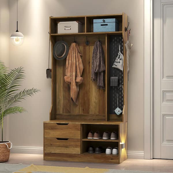 Unbranded 38.18 in. W x 16.53 in. D x 71.65 in. H Brown Wood Hall Tree with Coat Rack and 6-Hooks for Entryways, Hallways