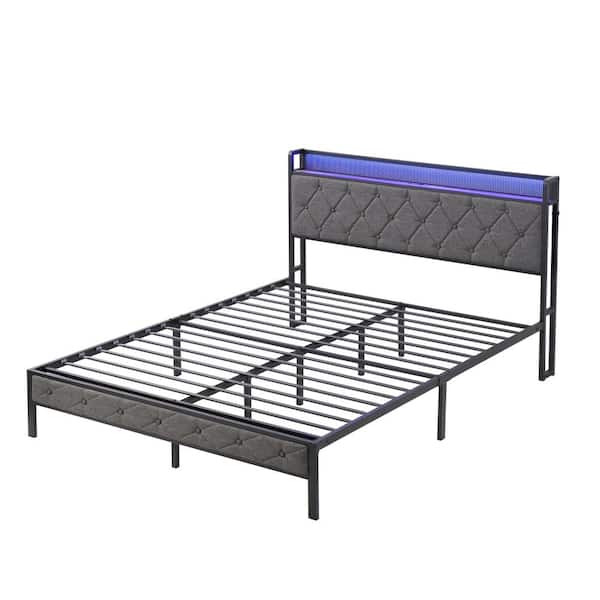 Dark Gray Metal Frame Queen Size Platform Bed with Storage Headboard, Charging Station and LED Lights