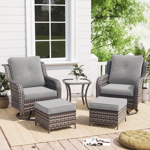 Dark Gray (PE) Rattan 5-Piece Outdoor Conversation Set With Gray Cushions-2 Swivel Sofas, 2 Ottomans, 1 Table.