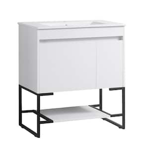 30 in. W x 18 in. D x 33 in. H Single Sink Freestanding Bath Vanity in White with White Ceramic Top, Lower Open Shelves