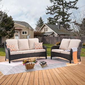 Vincent 2-Piece Wicker Outdoor Patio Conversation Seating Sofa Set with Beige Cushions