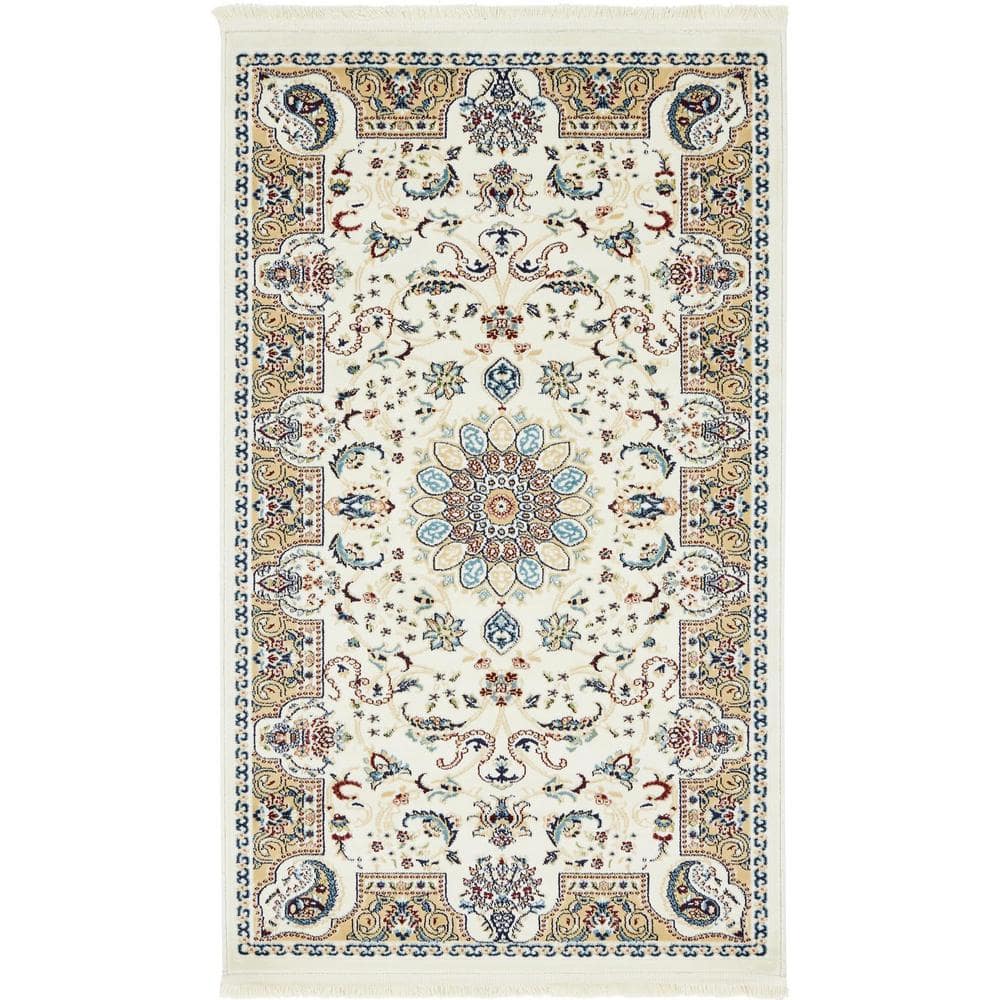Elegant Ivory Floral 3' x 5' Rectangular Synthetic Rug