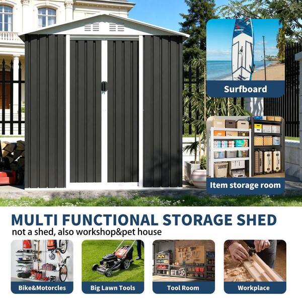 6 ft. W x 9 ft. D Apex Water Roof Grey Metal Steel Shed with Iron
