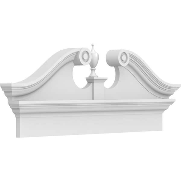 Ekena Millwork 36 in. W x 15-7/8 in. H x 2-3/4 in. P Rams Head Signature Urethane Combination Pediment Urn Ships Unattached in Box Prim