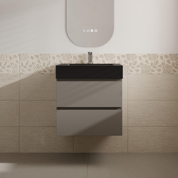 Aaby 24 in. W x 18 in. D x 25 in. H Wall Mounted Floating Bath Vanity Cabinet in Gray with Black Quartz Top and Sink