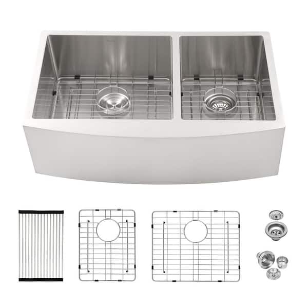 33 in. Farmhouse/Apron-Front Double Bowl (60/40) 16 Gauge Brushed Nickel Stainless Steel Kitchen Sink with Bottom Grids