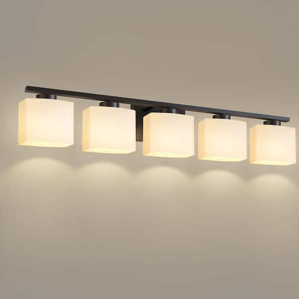 40 in. 5-Light Matte Black Modern Square Vanity Light with Milk White Shades, KD Wall Lamp for Bathroom, Living Room