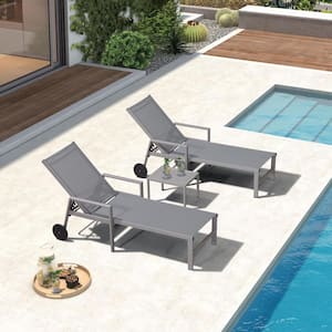 Aluminum Light Grey Frame Metal Outdoor Chaise Lounge Chair with Wheels and Armrests Recliner Chair, Grey