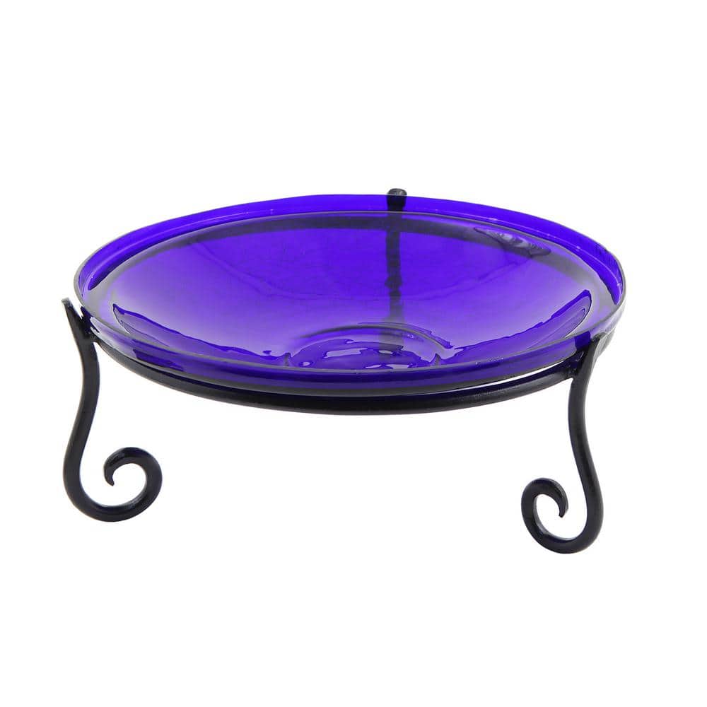 Cobalt Blue Hand Blown Glass Birdbath with Wrought Iron Stand