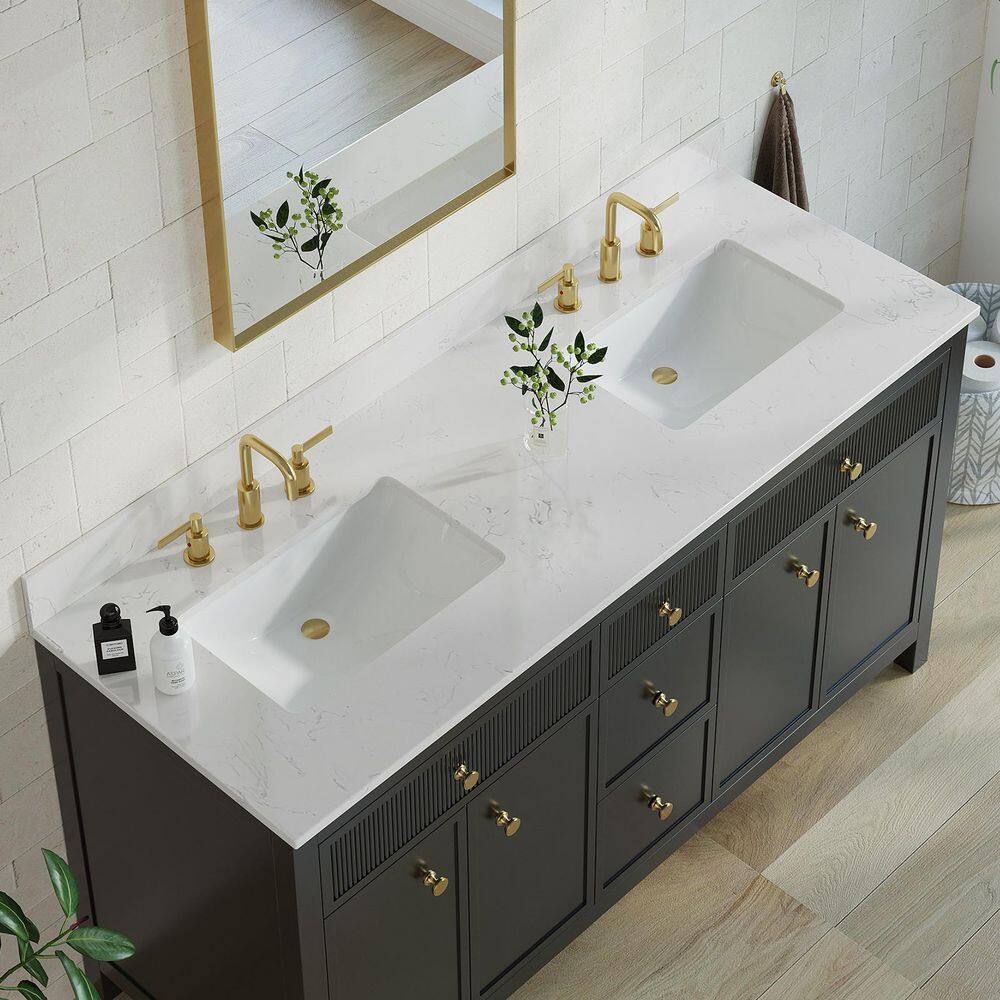 61'' White Engineered Stone Double Sink Vanity Top