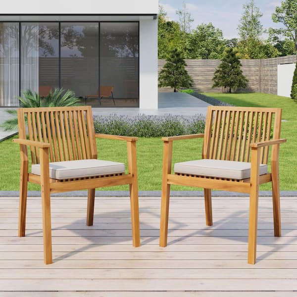CHRISTOPHER KNIGHT HOME Riverbend Rustic Patio Natural Finish Solid Wood Outdoor Dining Chairs with Beige Cushions, Slat Backrest, (Set of 2)