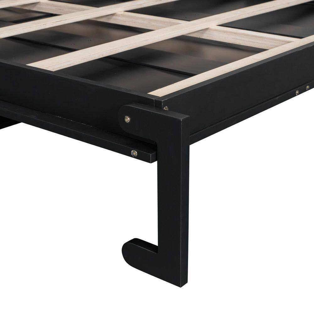 Close-up detail of the wooden slat bed platform frame.