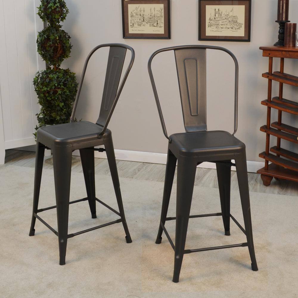 Set of 2 Rustic Pewter Counter Stools with Metal Frame