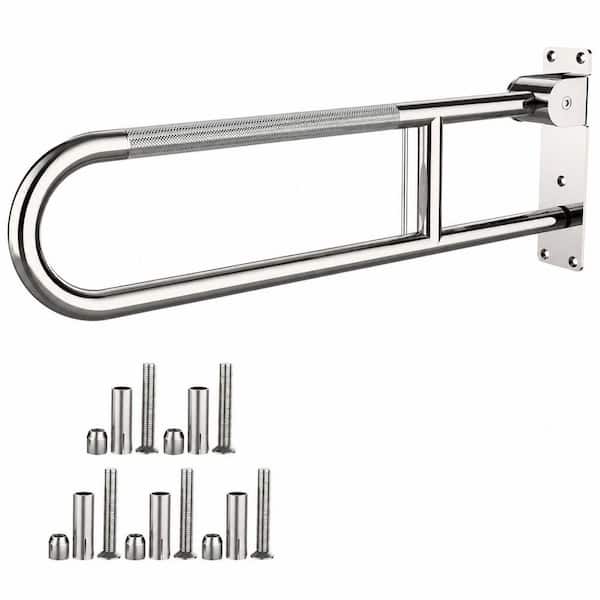 32 in. Chrome Flip-Up Toilet Grab Bar with Paper Holder, Stainless Steel Knurled Support Handrail
