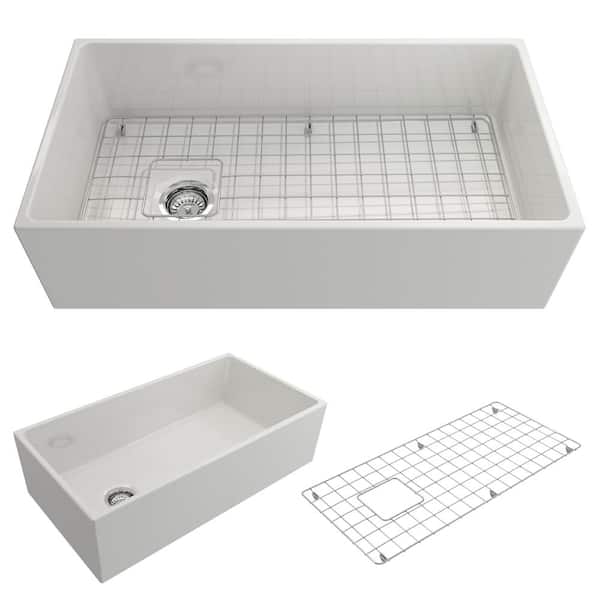 BOCCHI Contempo Farmhouse Apron Front Fireclay 36 in. Single Bowl Kitchen Sink with Bottom Grid and Strainer in White