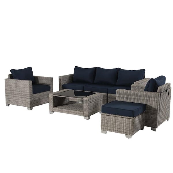 Zeus & Ruta 7-Piece Gray and White Metal Outdoor Sectional Set Straight Back Sofa Set with Pillows and Dark Blue Cushions for Patio