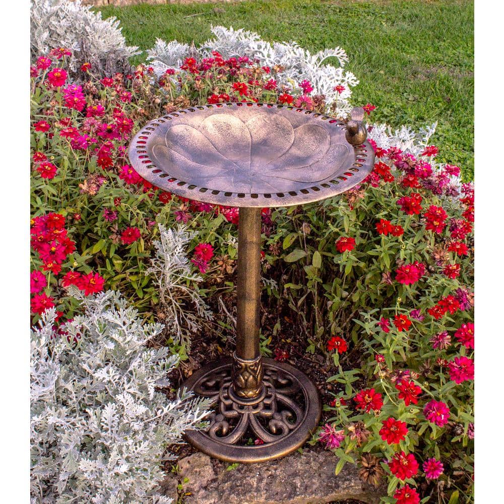 Antiqued Bronze Resin Bird Bath with Decorative Bird Attachment