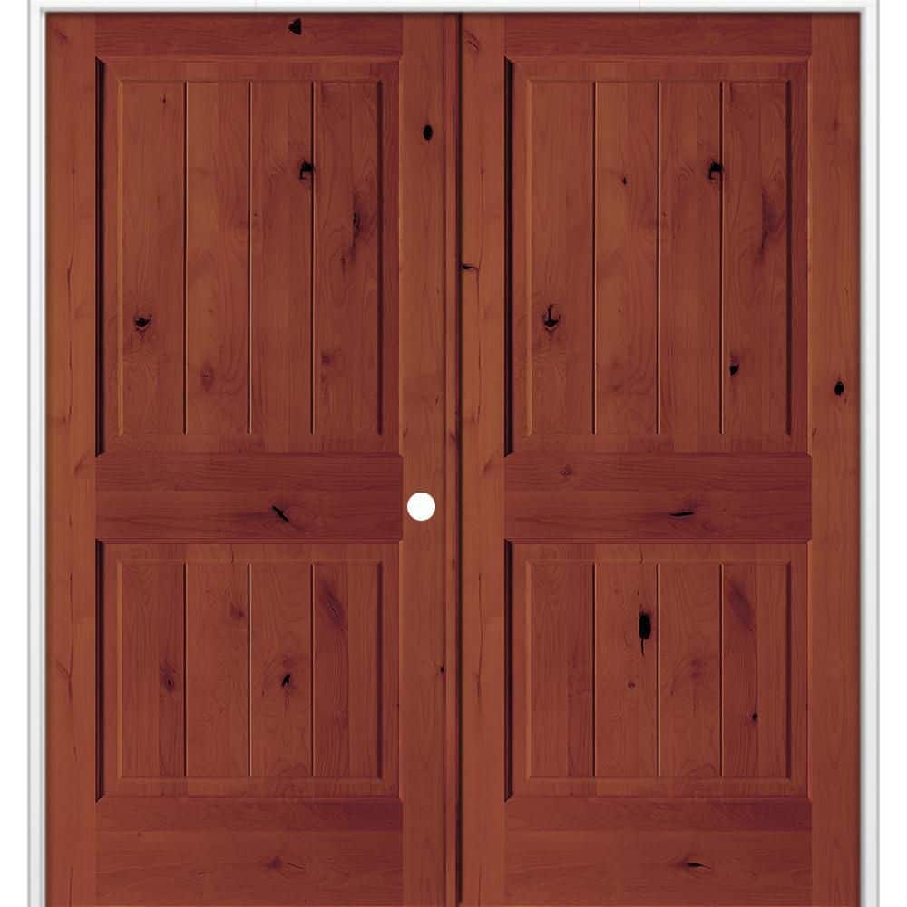 72 in. x 80 in. Knotty Alder 2-Panel V-Groove Solid Wood Left-Active BEHR Amaretto Stain Double Prehung Interior Door price history on PriceWatchPro