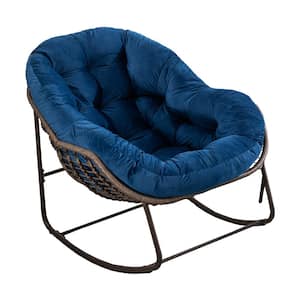 1-Piece Metal Rattan Outdoor Rocking Chair Rocker Recliner Chair with Navy Blue Cushion