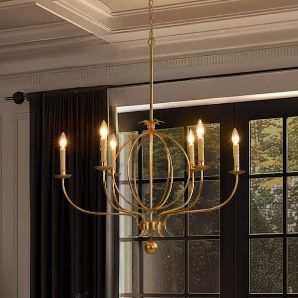Shoshoni 6-Light Mid-Century Modern Antique Gold Leaf Finish Linear Sputnik Chandelier for Living/Dining Room