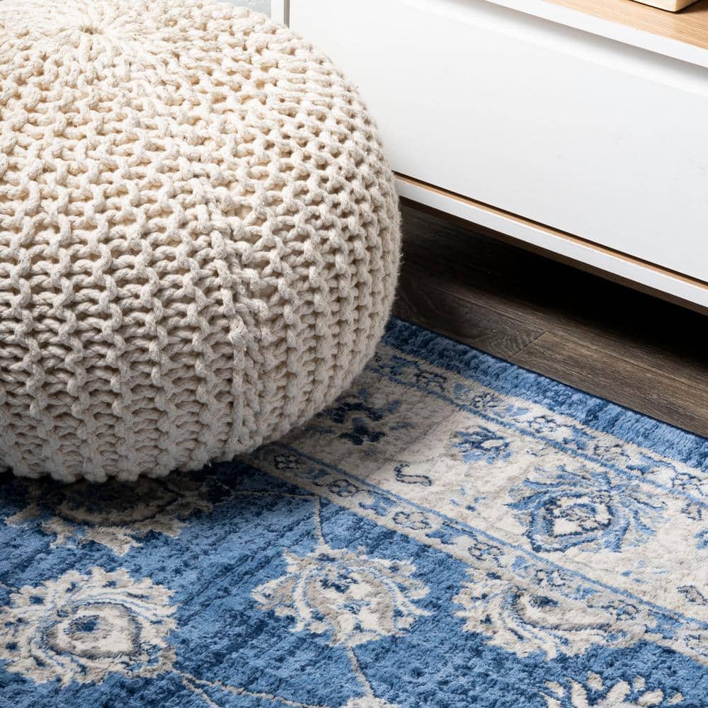 Elegant Vintage Floral 5' Square Blue and Cream Synthetic Area Rug