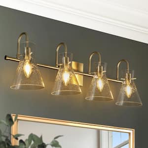 Modern Brass Gold Bathroom Vanity Light, 29 in. 4-Light Bell Powder Room Wall Sconce Light with Seeded Glass Shades