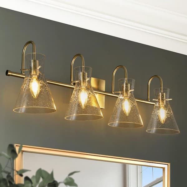 Uolfin Modern Brass Gold Bathroom Vanity Light, 29 in. 4-Light Bell Powder Room Wall Sconce Light with Seeded Glass Shades